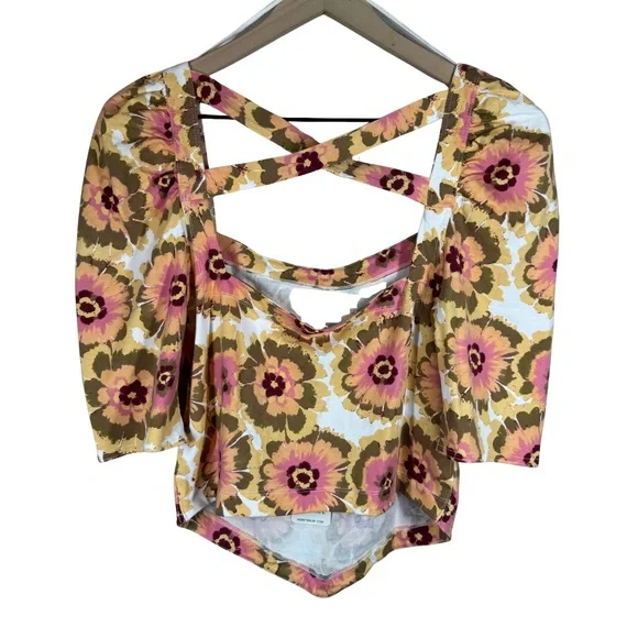 NWT Free People LARGE Give Me More Top in Ivory Combo Puff Sleeve Boho Crop Top - Picture 9 of 12